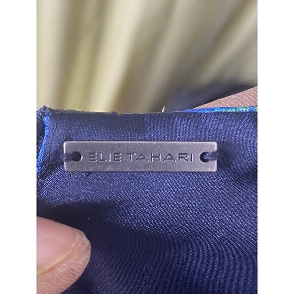 Elie Tahari Womens Sheath Dress Blue Yellow Abstract Stretch Midi Crew Neck 4 - Picture 5 of 7